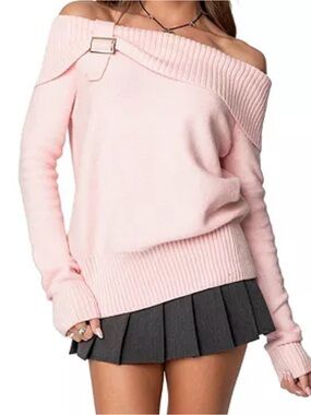 Edikted Blush Pink Off-Shoulder Knit Sweater with Buckle